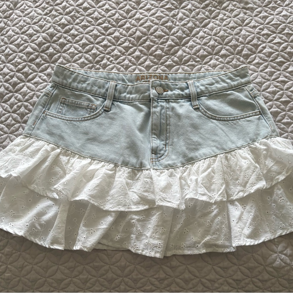 Arizona Jean Company Light Blue Denim Mini Skirt with White Eyelet Ruffle